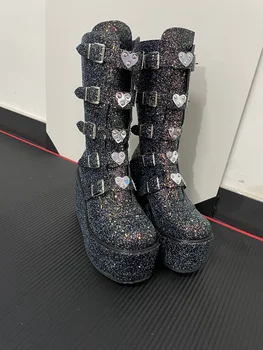 2021 Branded Funky Ulične Modne ženske Cipele na Танкетке u gotičkom stilu s Kopčama, Velike Dimenzije 43, Sjajne Ružičaste Moto Čizme Na Masivnoj Platformi
