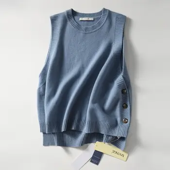 2021 zimski džemper sa tri tipke u stilu faksu, pletene prsluk, ženski однотонный bez rukava s okruglog izreza