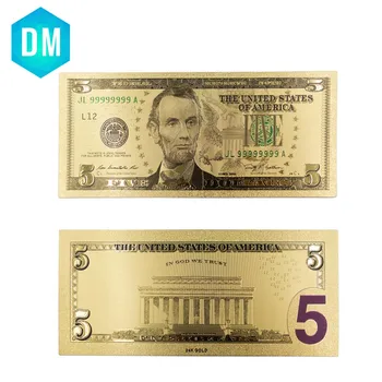 5 Dolara 24k Zlatni Novčanica Odmor Darove Svjetski Papirni Novac Collectible Šarene Lažni Novac od Zlatne Folije za uređenje Doma