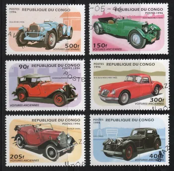 6 kom./compl. Poštanske Marke u Kongu 1996 Vintage Automobili rabljene Poštanske Marke s Oznakama za Kolekcionarstvo