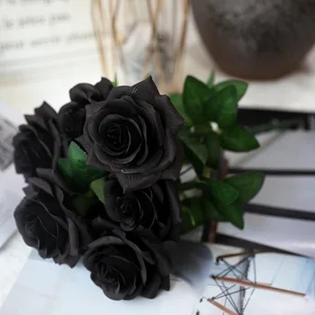 7 golova Crna ruža buket umjetnih boja za kućnu svadbeni nakit Halloween Božićni domjenak ukras jedan svileni cvijet