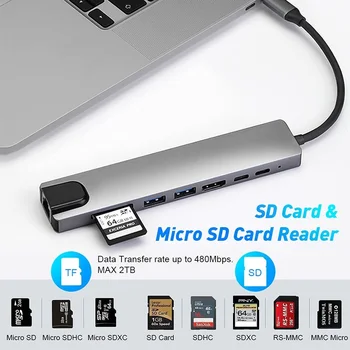 8 U 1 USB C Hub priključne stanice Type-C Razdjelnik Adapter s Punjenja PD RJ45 Ethernet 4K HDMI, TF/SD Kartica za laptop Macbook Air/Pro
