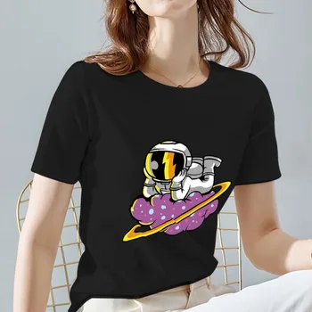 Basic ženska t-shirt, svakodnevni Приталенная, Trend, Udoban, s grafičkim po cijeloj površini Astronauta, Okruglog izreza, ženski, Crni Top sa kratkim rukavima