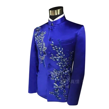 Blazer muški kineski odijelo-tunika, komplet s hlačama, gospodo svadbene nošnje, odijelo pjevačice, сценическая plava odjeća s vezom, suptilna večernja haljina
