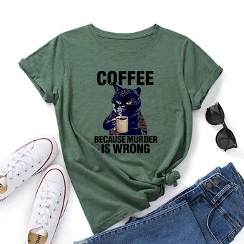 Crna Mačka Kavu, Zato Što je Ubijanje Pogrešno, Majica Za Kućne ljubimce, Ženske Modne Pamučne Ženske majice, Ljetni grafički t-Majice, Majice, Ženska Odjeća