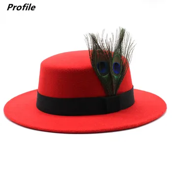 Crvena фетровая šešir s павлиньими perje, jesensko-zimski moderna muška i ženska фетровая jazz Fedora šešir s ravnim krovom šešir ženska