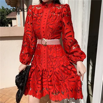 Crveno Čipkan Haljina Donje 2020 Ljetno Transparentno Mini haljinu Trapeznog Oblika S Dugim Rukavima I Cutaway, Moderan Čipkan Haljina Za Zabave, Vestidos FW025