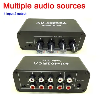 DYKB Мультиисточник RCA Stereo Audio Mikser Ревербератор Prekidač Zvuka Prekidač 4 ulaza 2 izlaza upravljački program za kontrolu glasnoće slušalice