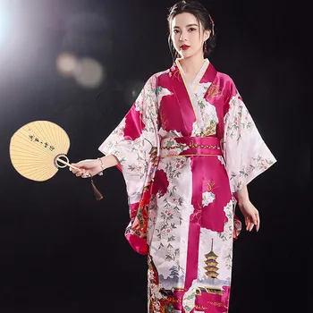 Dugo Pink Odjeću Za Nastupe Japanski Kimono Ogrtač, Haljina Je Юката S Обитием Večernjih Haljina Za Prom Satiny Odijelo Za Косплея