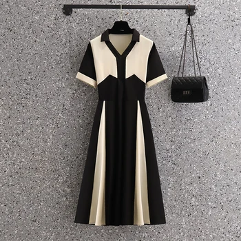 EHQAXIN Ljetno Novo Donje haljina 2022, Moderan Besplatno Haljina s V-izrez, Koreanska verzija, Kontrastna Boja za šivanje, haljine sa Kratkim rukavima, M-4XL