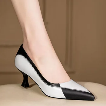 FHANCHU/ raznobojnim ženske cipele od mikrovlakana, do 2022 godine, trendy proljetne cipele na visoku petu s oštrim vrhom, bez kopče, black, white, straight isporuka