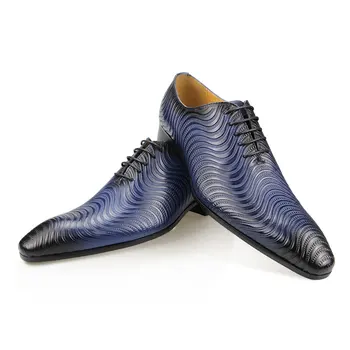 Gospodo Modeliranje Cipele Ručne izrade Plave Boje S Trendi po cijeloj površini, Svakodnevne Uredske Poslovne Oxfords s Oštrim Vrhom, Službena Obuća za Muškarce, Prodaja na Veliko