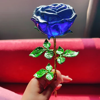 H & D Kristalnu cvijet ruže sa zelenim lišćem na Kristalna godišnjicu braka za žene, Romantične vječni darove za nju (crvena/plava)
