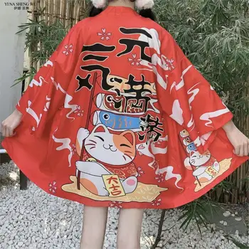 Japan je Kimono S po cijeloj površini Mačka Sreće, Novi Kardigan, Ženska Slobodna Casual Majica, Majice Кавайные Kimono Kaput, Юката, Azijski Odjeću u stilu Харадзюку Za Djevojčice