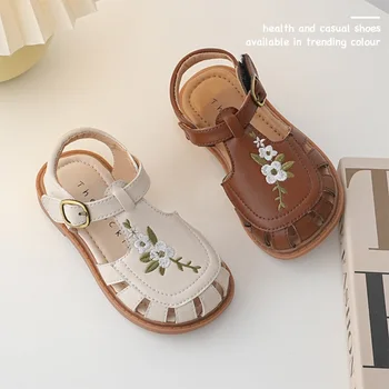 Kožne sandale princeze za djevojčice 2022 ljetne nove retro sandale s izvezenim cvijećem, полусапожки