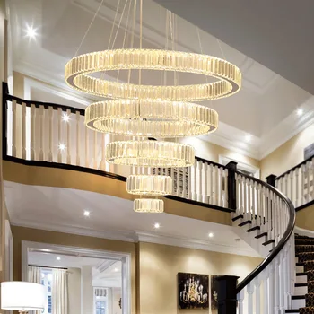 Luksuzna Stepenice Kristalnim Lusterima Velike Moderne Prsten Dizajn Led Cristal Lampa Dugo Vila Predsoblje Dnevni Boravak Zlatni Viseći Svijećnjak