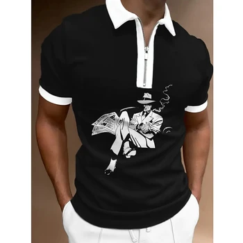 Moderna Muška Odjeća, Polo Majice u Patchwork stilu s po cijeloj površini Trešnje, Casual Majica Kratkih Rukava, Muška Majica-polo Odbačenost Ovratnik Na Munje