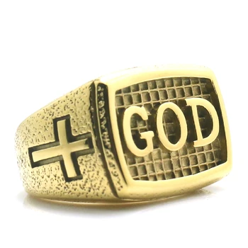 Muški prsten od Nehrđajućeg Čelika 316L Cool Gold-Color Cross GOD Jesus Christ Prsten Najnoviji