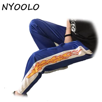 NYOOLO Korejski dizajn, vođa prodaje, novo, Print, plamen, Harajuku, besplatne dnevne Izravne hlače, ženske i muške hlače u stilu hip-hop s fleksibilnim gumicom u struku