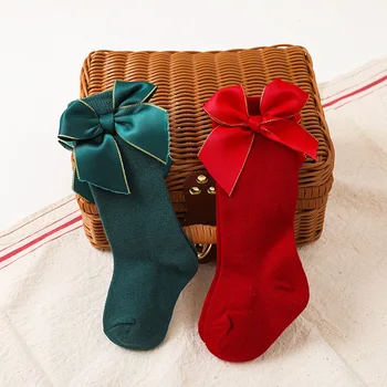 Nove Božićne Čarape Za djevojčice, Crvene Čarape do Koljena s Velikom Lukom, Mekani Pamučni Dječji Čarape, Poklon Za Novorođenče, Čarape za 0-5 Godina