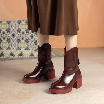 Novi Pad cipele, Ženske cipele od prave kože na platformi, 2021 godine, Trendy Ženske čizme s okruglim vrhom, Masivni cipele, ženska Monotono Crne Ženske cipele