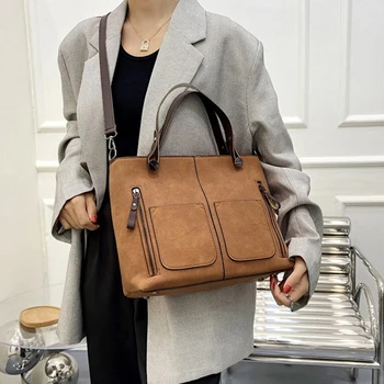 Novi retro ženske veliki prostrani mat čvrste torbe preko ramena s dvostrukim patentnim zatvaračem, uredski elegantne ženske torbe-тоут, ručna torba