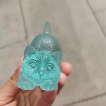 Obojena glazura Rezbarena mačka Plava kristalna Kipić mačke Kipić