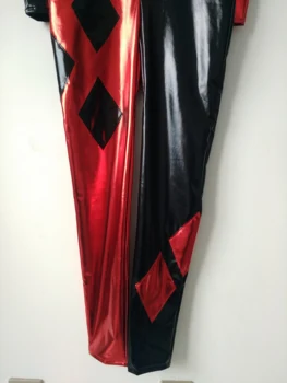 Odijela klauna crvene i Crne boje, ženski Seksualni sjajna Metalno Kombinezon Zentai, Modni zabavne tijelo munje sprijeda