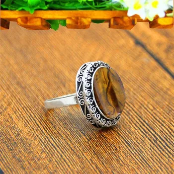 Ovalni Prsten S Prirodnim Kamenom Tiger Eye Za Žene, Cvijet Puževa, Luda Posrebreni Prsten, Modni Nakit TR677