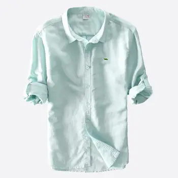 Proljeće-jesen Muška majica sa Izvezenim i Logotipom, Svakodnevni Monotono Bluzu s dugim Rukavima, Lana Pamučne Muške Košulje, Muška Moda odjeća, Majice