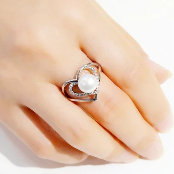 Prsten u obliku srca, 7-8 mm, Okrugli Prirodni Slatkovodni Biseri, Donje Prsten, Kubni Cirkonij, Podesiv Prsten, Ženski Nakit