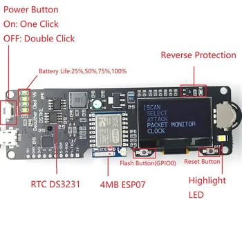 Razvoj DSTIKE Deauther OLED V6 ESP8266 za zaštitu polaritet baterije 18650 ormar s antenom 4 MB I1-005