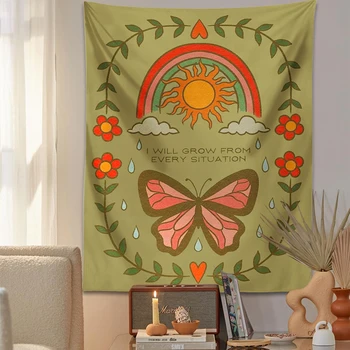 Retro je ohrabrujuće leptir Botanički cvijet Zidna Tapiserija Sunce Estetski Psihodelične Goblena U Stilu hipi Home Dekor U Boho Stilu Umjetnost