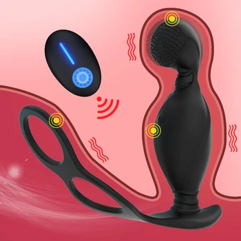 Seks-Igračke za Muškarce Bežični Daljinski Upravljač Masažu Prostate s Dvostrukim Silikonskim Prstenom za Odgađanje Ejakulacije G-spot Analni Čep za Vibrator