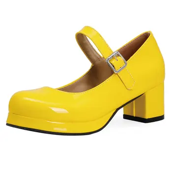 Sgesvier/2021 g. Proljeće ženske udobne cipele-brod na platformi i visokom debelom petu cipele s kopčom, Modni slatka Modeliranje cipele žute, bijele, Crvene boje, Veličina 48