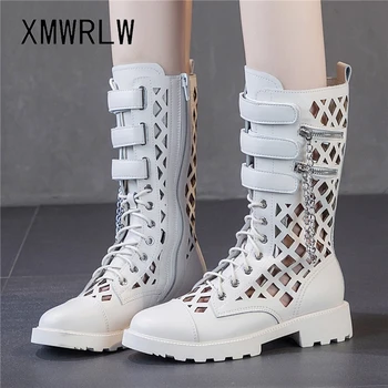 XMWRL/ljetne ženske čizme; trendy ženske čizme od prave kože s lancem; cipele u stilu punk; ženske čizme do sredine kavijara; ženska ljetna obuća
