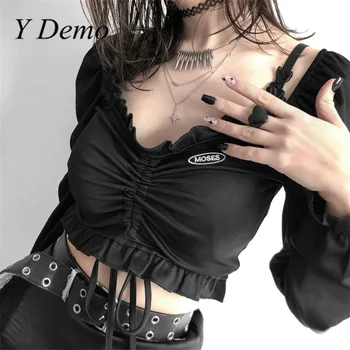 Y Demo Grunge S Dugim Rukavima, majica sa V-izrez i рюшами, Gotički ženske Skraćeni vrhovima, Alternativa