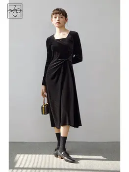 ZIQIAO Hepburn Stil Kvadratni Izrez Baršunasto Haljina Za Žene 2022 Jesen Zima kvalitetan Dizajn Struk Ženska Crna Dugačka Suknja