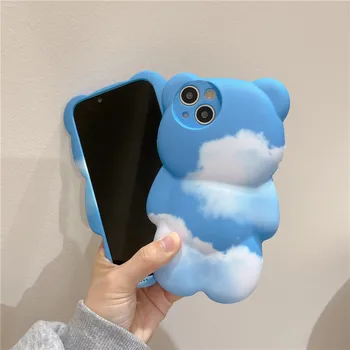 Za iphone 13 11 12 Pro Max XR X XS Japan Slatka Objektiv Zaštitna Soft Stražnji Poklopac Crtani 3D Medvjed Uho Oblak Nebo-Plava Silikonska Torbica