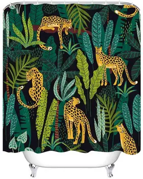 Zavjese za tuširanje u modernom stilu s леопардами i tropskim Lišćem, Vodootporna tkanina za uređenje kupaonice