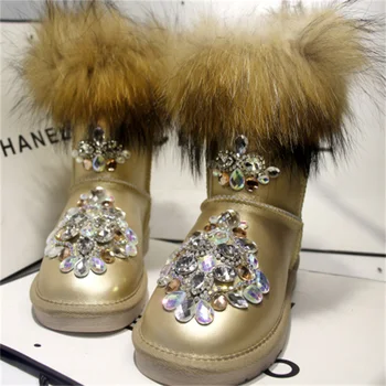 Zimske udobne zimske zimske cipele ručne izrade po mjeri od лисьего krznom ukrašene štrasom i šljokice, tople ženske cipele veličine 35-44