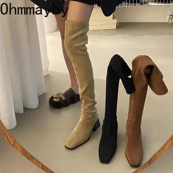 Zimske ženske Čizme iznad koljena, modni parhet ženske Duge Čizme s trga vrhom Visoke kvalitete, Ukusan Elastične Uske Čizme na petu trgu