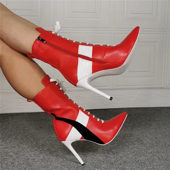 Ženske crvene cipele do gležnja; zbirka 2022 godine; modne sportske čizme do sredine kavijara na ukosnica; Ukusan ženske Elegantne cipele na munje s oštrim vrhom i uvezivanje