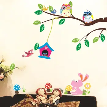 Crtani sova ptica grančica i cvijeća Naljepnice za Zid za dječje sobe, dnevnog boravka, dječje 3D home dekor vinil pvc Pozadina naljepnice freska