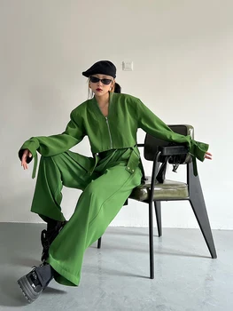 [EAM] Široke hlače, Zeleni Kostim iz dva predmeta Velike veličine, Novo Odijelo s Igle i Dugih Rukava, Slobodni Stil, Ženska Moda, Proljeće-Jesen 2023 1DF0090