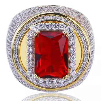 Topla Moda Velike Muške Širok Crveni Cirkon je Kamen Geometrijski Prsten Luksuzni Žuto Zlatnu Boju Ledeni Out Vjenčano Prstenje za Muškarce Žene Hip-Hop